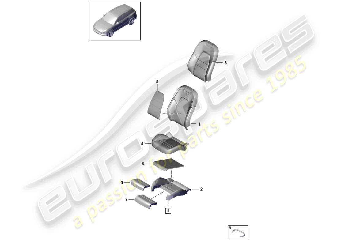 porsche 2023 (cayenne e3 9ya/9yb) parte in schiuma coprisedile sedile comfort diagramma delle parti
