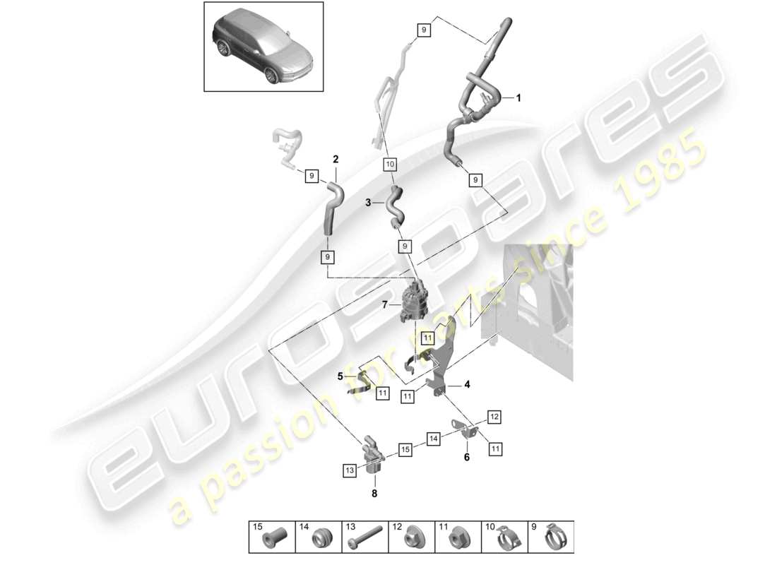 porsche 2023 (cayenne e3 9ya/9yb) riscaldatore v6 circuito a bassa temperatura anteriore sinistro per veicoli con trazione ibrida schema dei componenti