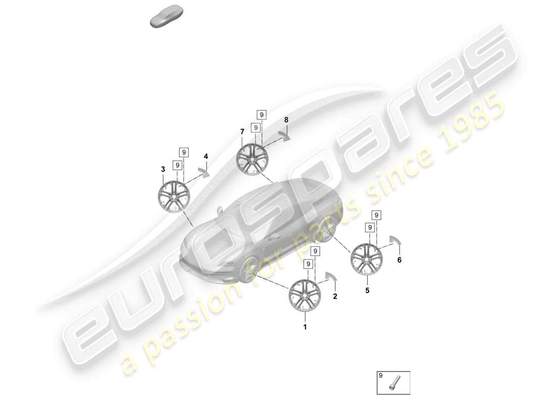 porsche 2025 (taycan 9j1-2) cerchio in lega 21 diagramma delle parti