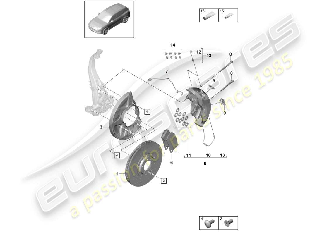 porsche 2023 (cayenne e3 9ya/9yb) freno a disco 21 schema delle parti dell'assale anteriore