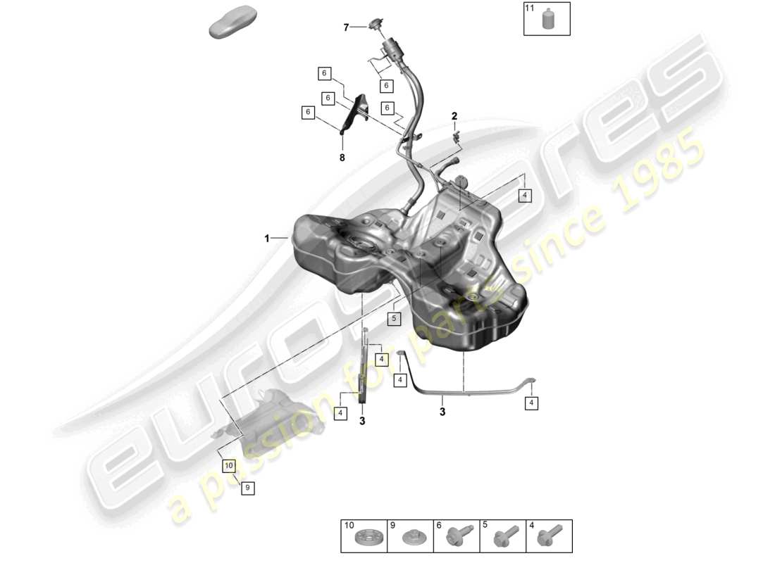 porsche 2026 (panamera 976) serbatoio carburante con attacchi per veicoli con trazione ibrida schema dei componenti
