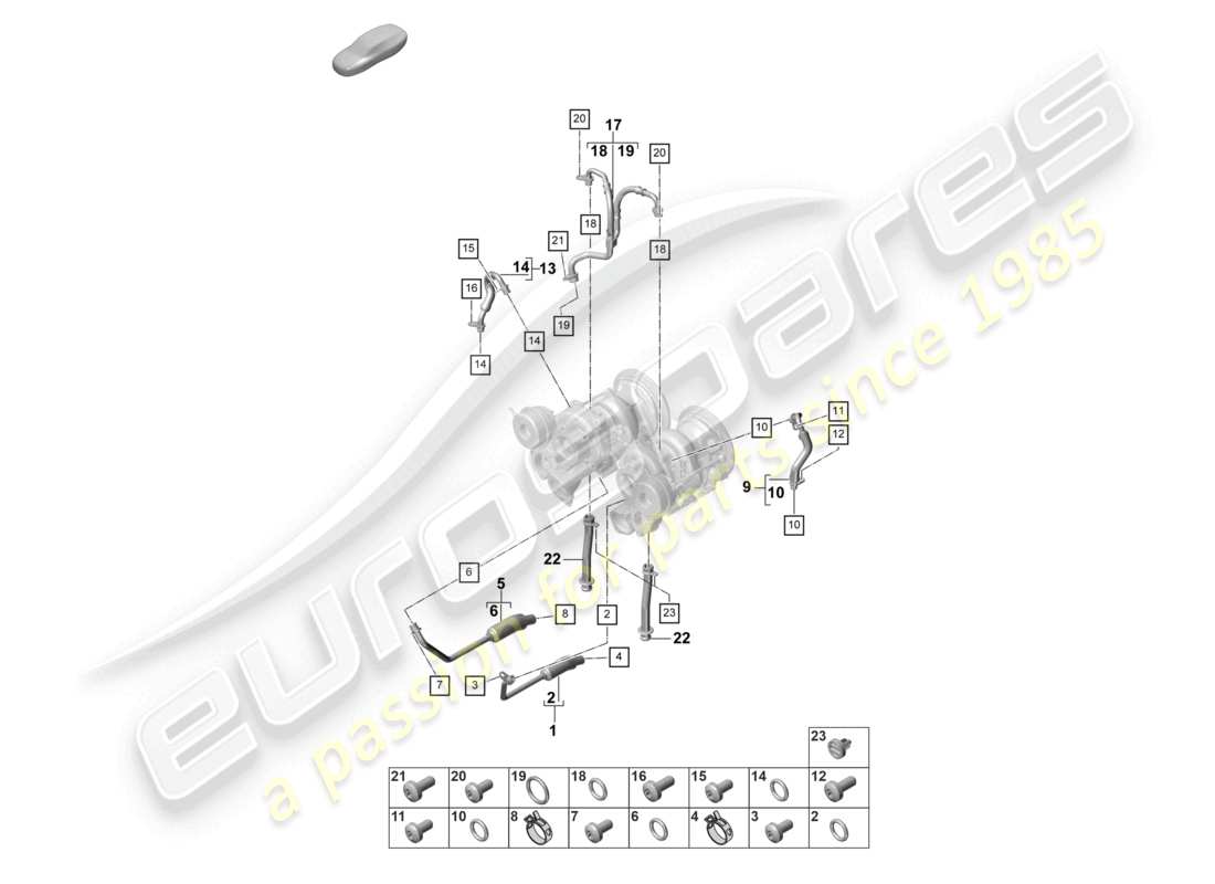 porsche 2024 (panamera 971-2) schema dei componenti del sistema di raffreddamento del liquido di raffreddamento per turbocompressore linea di pressione dell'olio per turbocompressore a gas di scarico