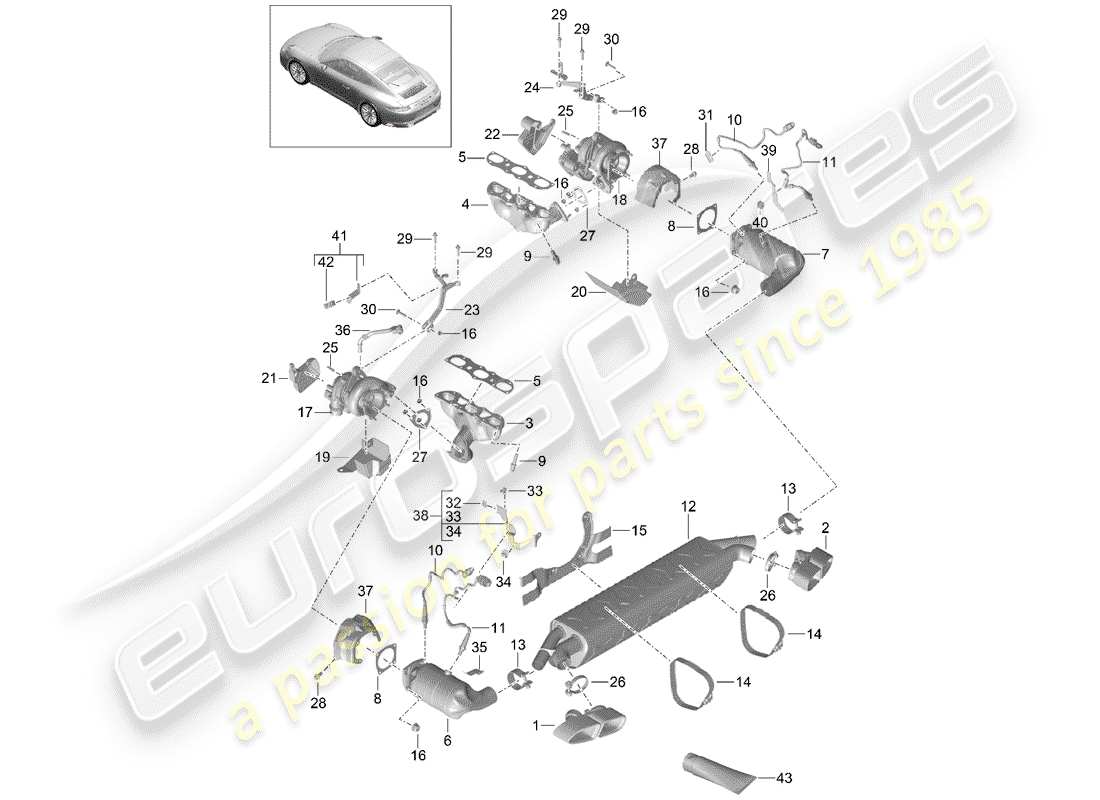 porsche 991 turbo (2018) diagramma delle parti del sistema di scarico