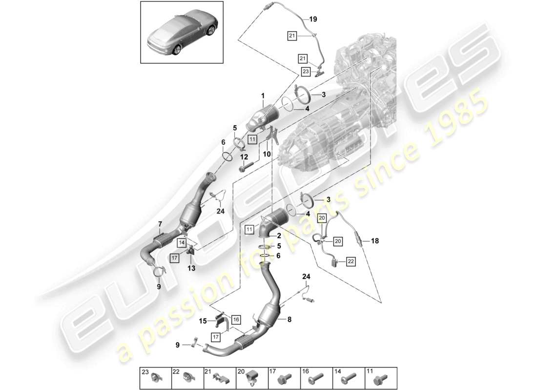 porsche 2021 (panamera 971-1) sistema di scarico convertitore catalitico filtro antiparticolato per benzina sonda lambda schema dei componenti
