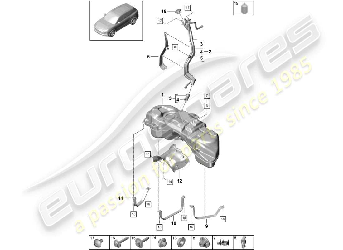 porsche 2024 (cayenne e3 9ya/9yb) serbatoio carburante con accessori schema delle parti