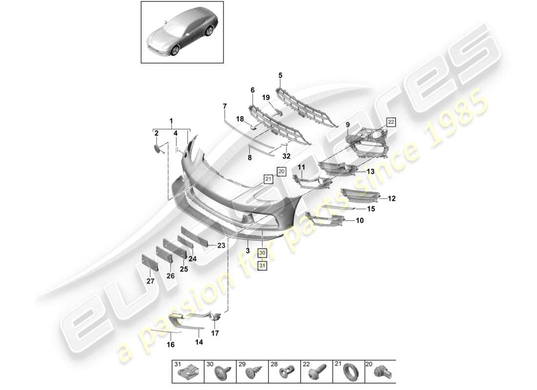 porsche 2021 (panamera 971-1) paraurti anteriore sport design pacchetto diagramma delle parti