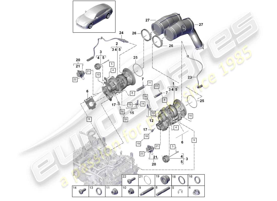 porsche 2021 (panamera 971-1) turbocompressore a gas di scarico collettori di scarico sonda lambda schema delle parti