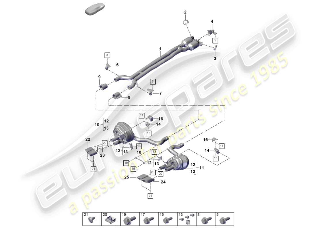 porsche 2025 (panamera 976) sistema di scarico silenziatore anteriore silenziatore posteriore terminale di scarico diagramma delle parti
