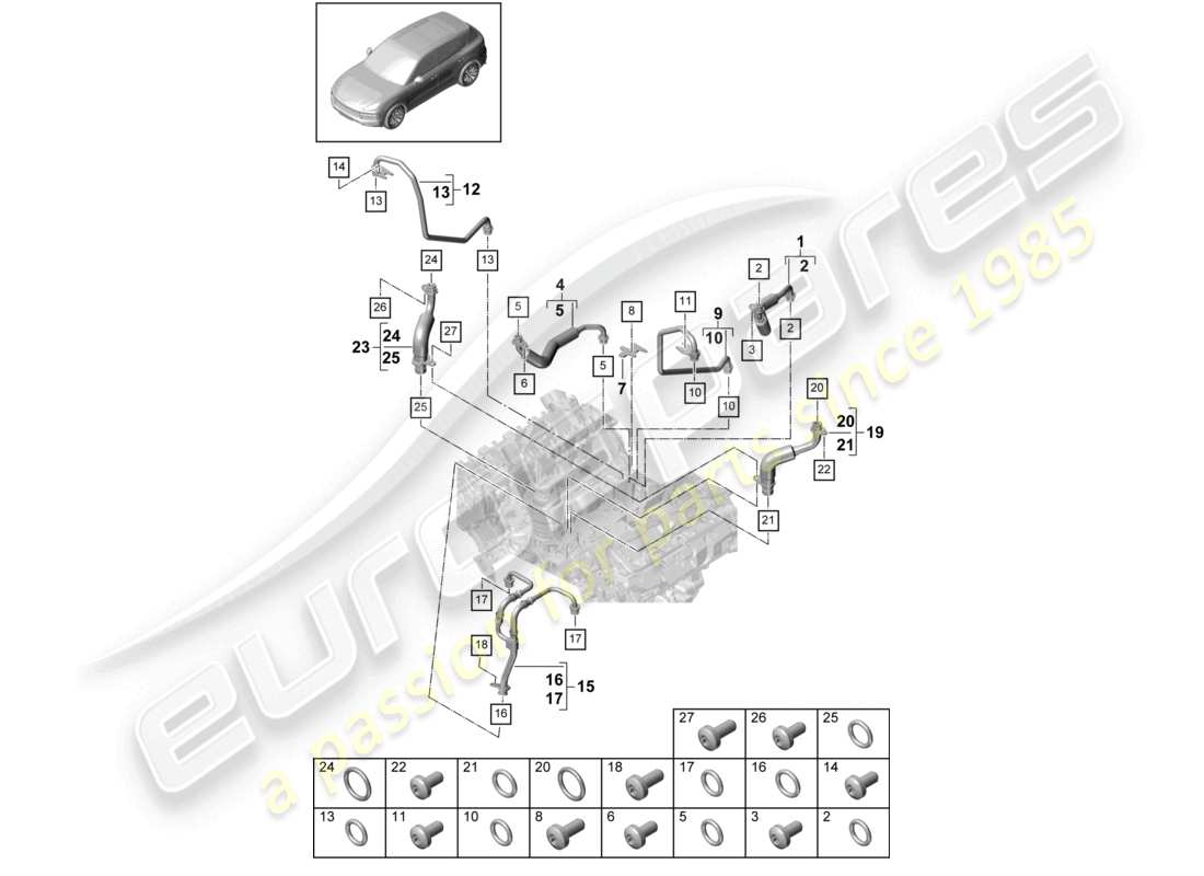 porsche 2022 (cayenne e3 9ya/9yb) schema delle parti del sistema di raffreddamento del liquido di raffreddamento per la linea di pressione dell'olio del turbocompressore per il raffreddamento dell'olio motore
