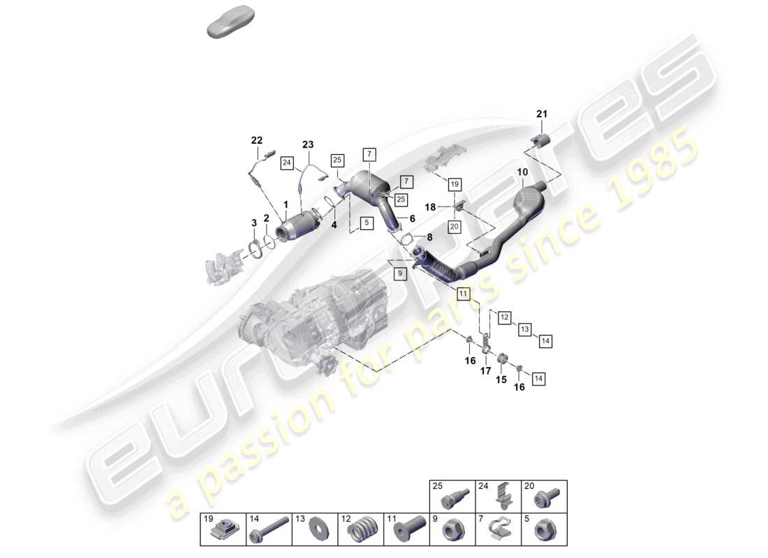porsche 2025 (cayenne e3 pa) impianto di scarico catalizzatore con filtro antiparticolato per benzina tubo di scarico con silenziatore anteriore sonda lambda schema dei componenti