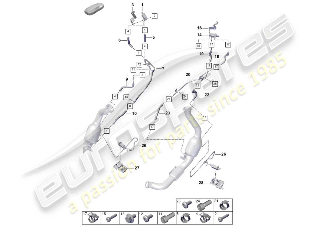 porsche 2026 (panamera 976) sistema di scarico sistema di trattamento dei gas di scarico sensori per veicoli con filtro antiparticolato per benzina schema delle parti