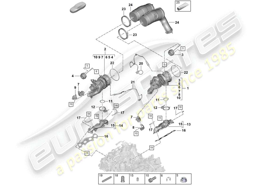 porsche 2026 (cayenne e3 pa) turbocompressore a gas di scarico collettori di scarico sonda lambda schema delle parti