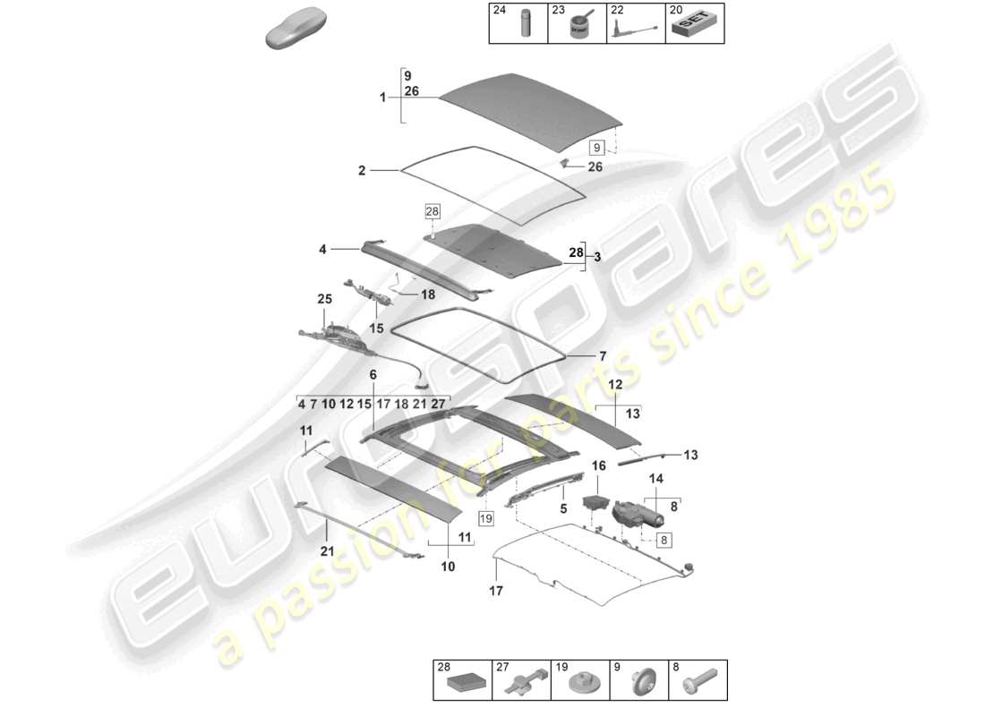 porsche 2023 (992-1 turbo / s) schema delle parti del tetto scorrevole/inclinabile