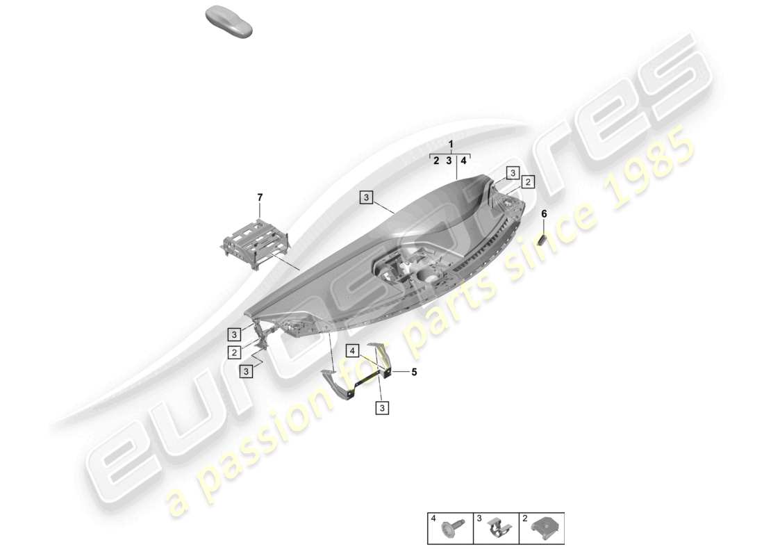 porsche 2022 (992-1 gt3/rs/st) rivestimento del pannello strumenti parte superiore con: elementi di fissaggio diagramma delle parti