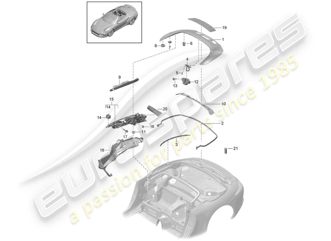 porsche 991 turbo (2018) schema delle parti del cassone portaoggetti superiore