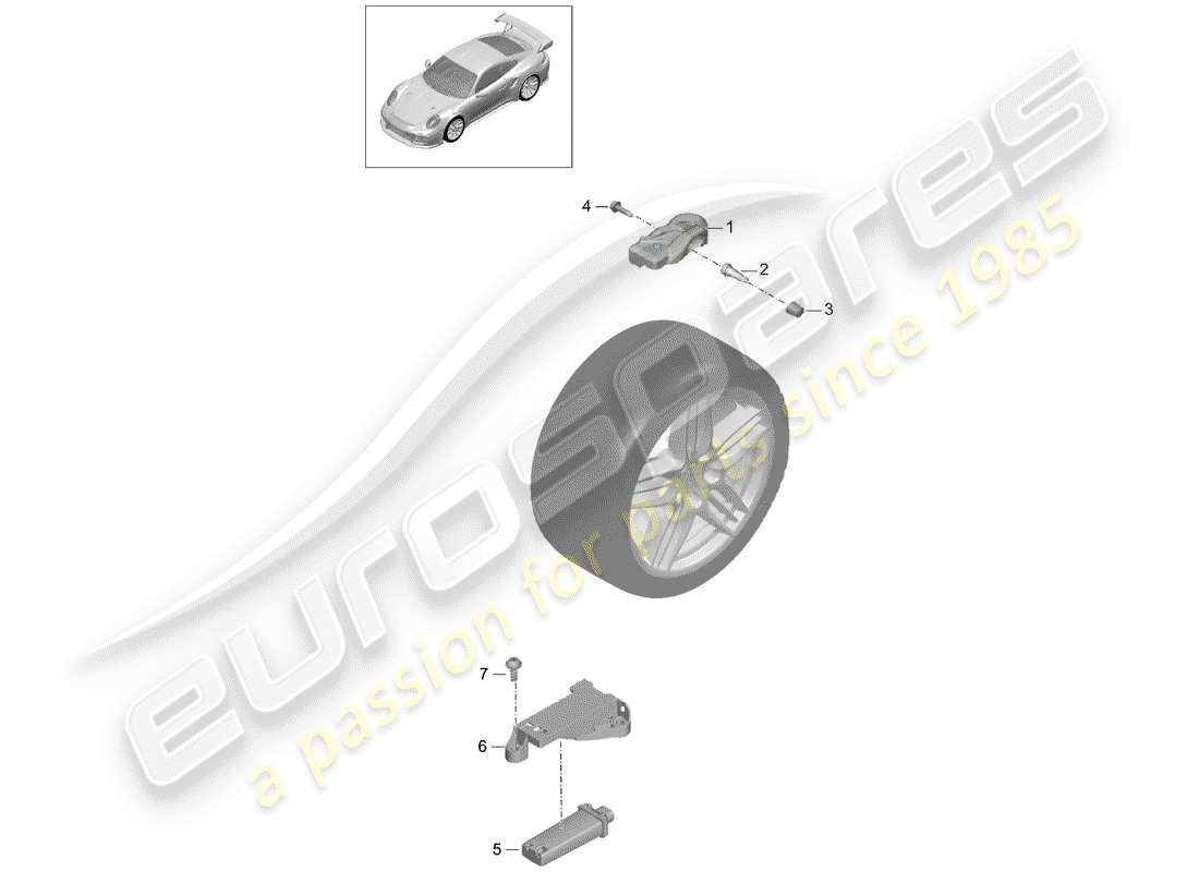 porsche 991 turbo (2018) schema delle parti del sistema di controllo della pressione dei pneumatici