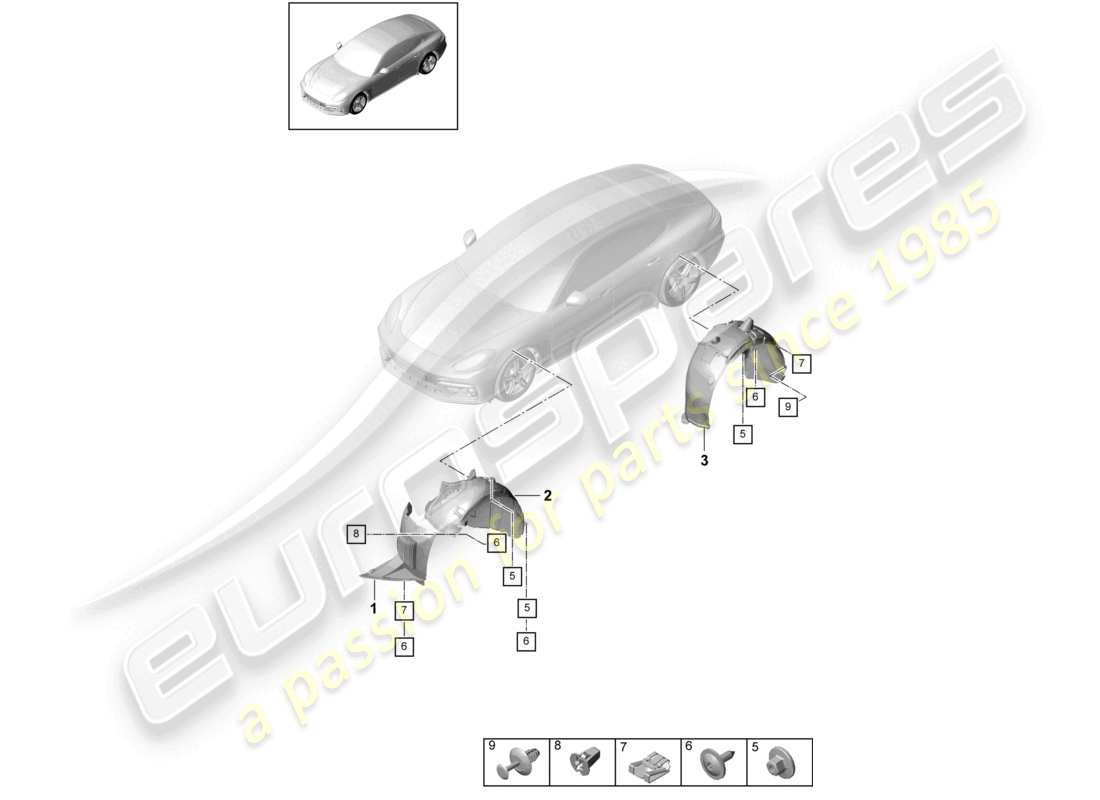 porsche 2021 (panamera 971-1) schema delle parti del rivestimento del passaruota