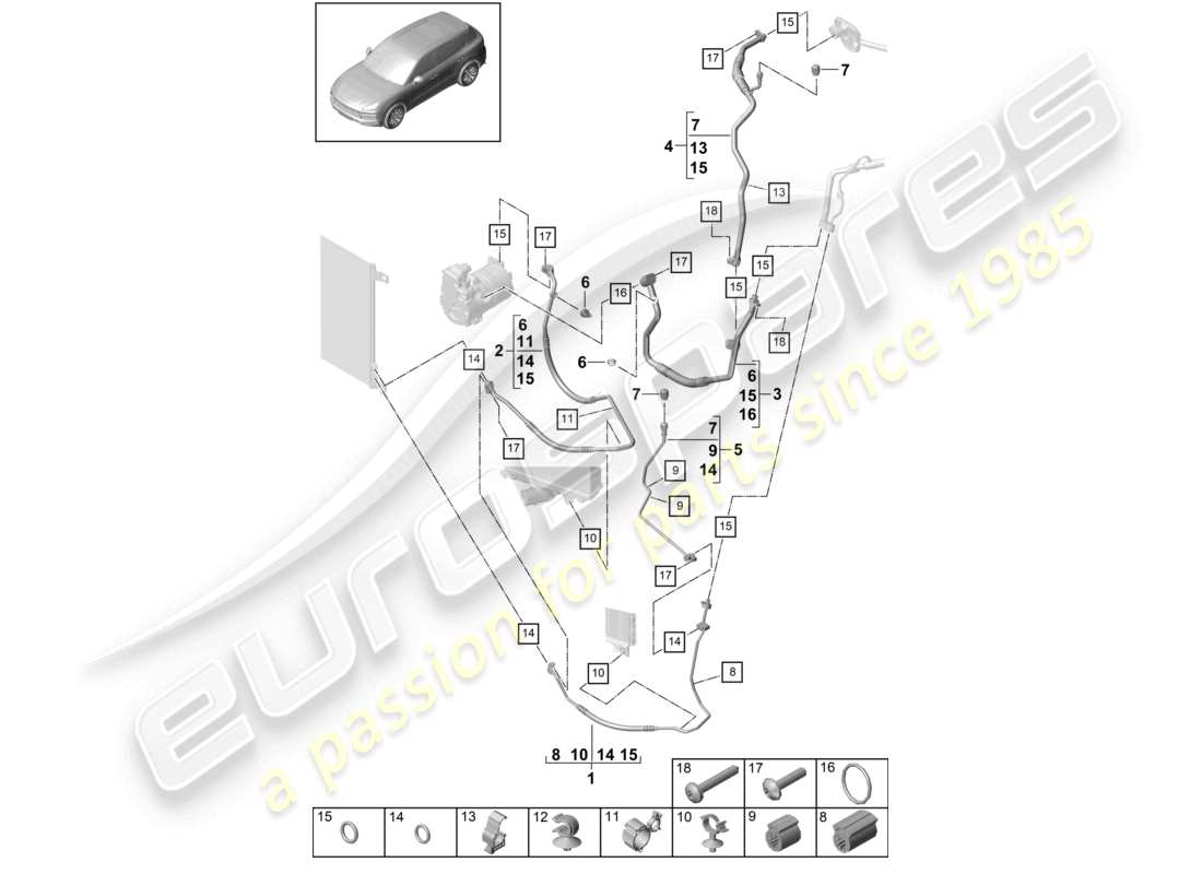 porsche 2023 (cayenne e3 9ya/9yb) circuito refrigerante r4 r1234yf liquido di raffreddamento per veicoli con trazione ibrida schema delle parti