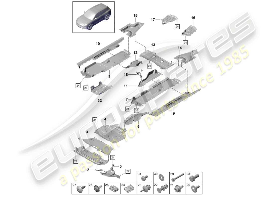 porsche 2022 (cayenne e3 9ya/9yb) schema delle parti di rivestimento del sottoscocca