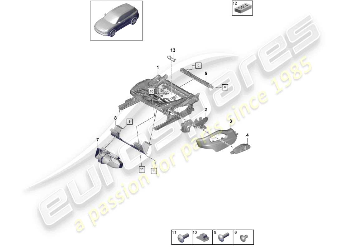 porsche 2022 (cayenne e3 9ya/9yb) schema delle parti del telaio del sedile standard