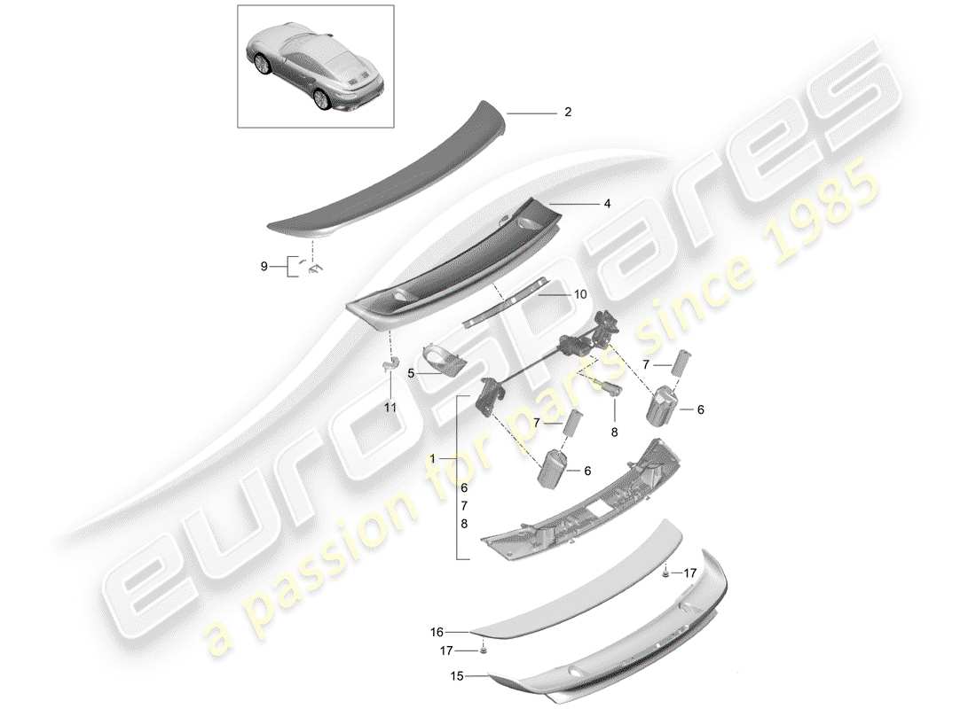 porsche 991 turbo (2018) schema delle parti spoiler posteriore