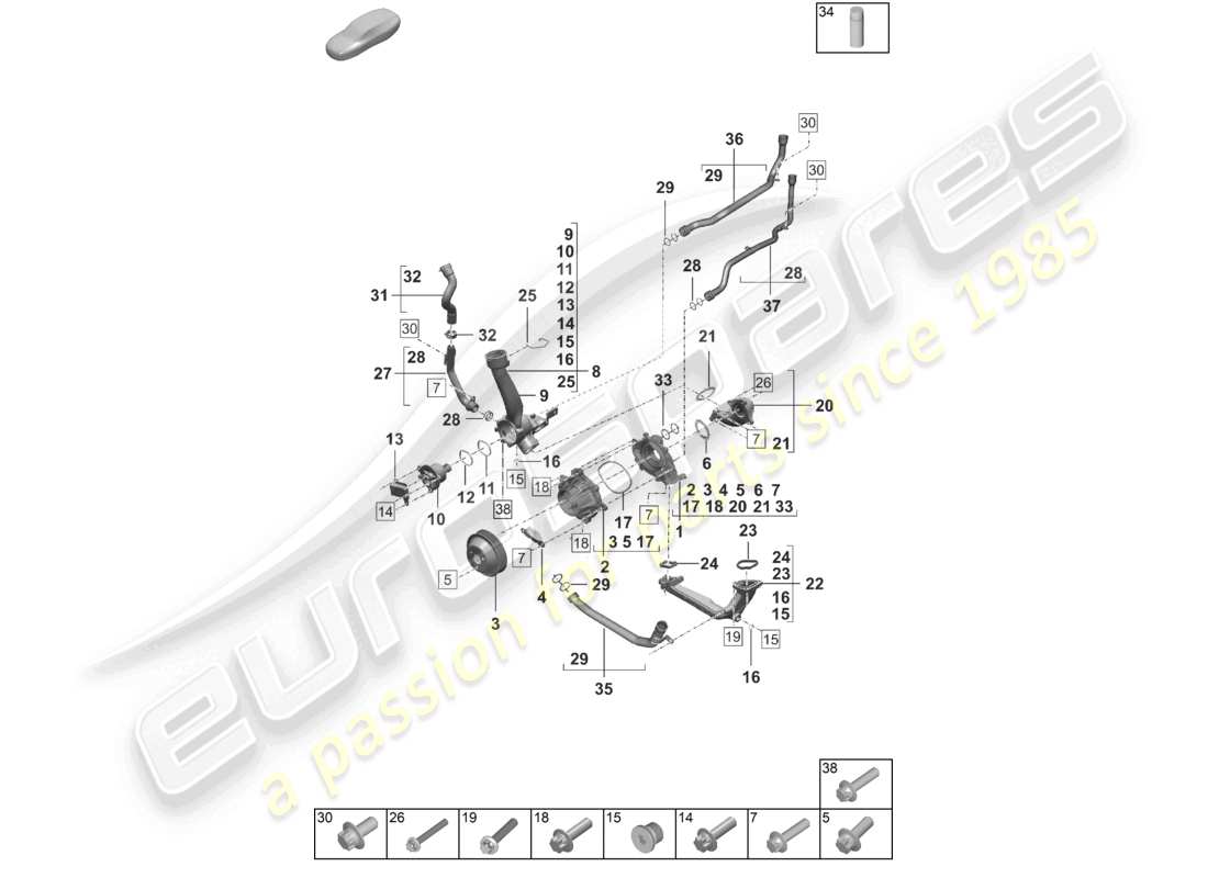 porsche 2021 (992-1) diagramma delle parti dell'alloggiamento del termostato del termostato della pompa del refrigerante