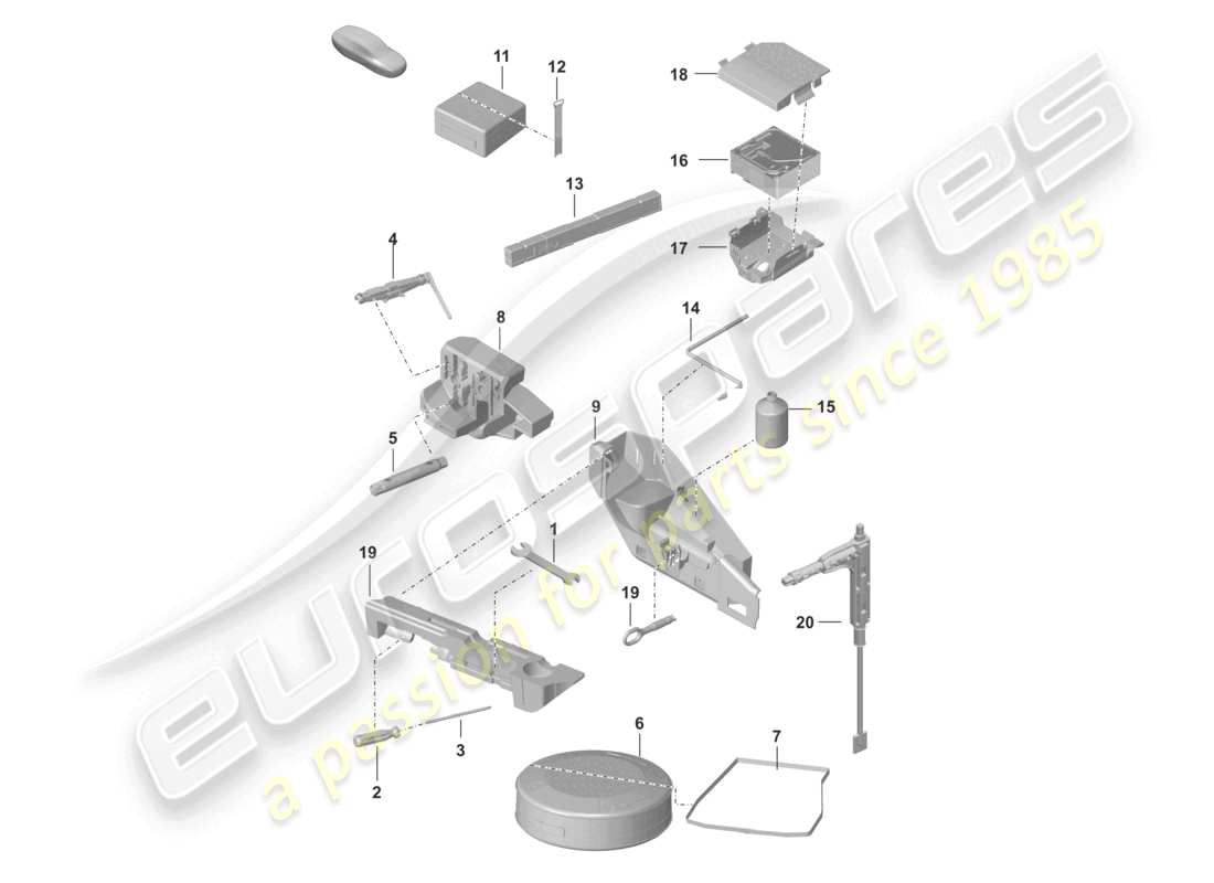 porsche 2024 (992-2 turbo / s) triangolo di emergenza per cric, borsa di pronto soccorso, kit di riparazione con compressore, diagramma delle parti