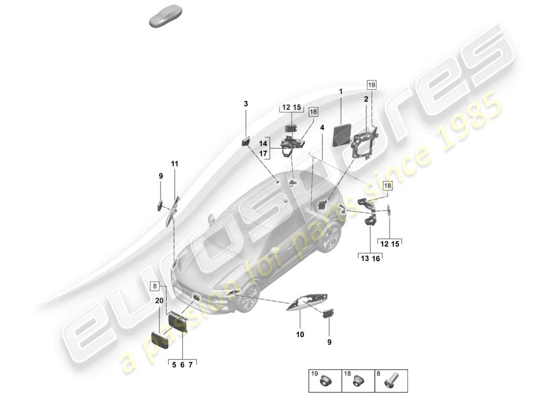 porsche 2026 (macan-e) unità di controllo (bcm) per sistema di conv. e alimentazione ob unità di controllo per l'apertura della porta del garage unità di controllo per la regolazione della distanza per veicoli con assistenza al cambio di corsia schema dei componenti