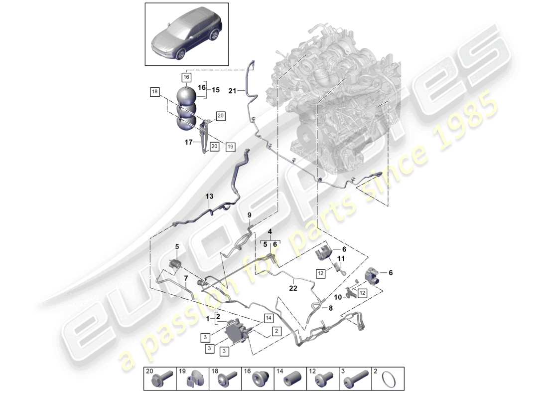 porsche 2022 (cayenne e3 9ya/9yb) schema delle parti della pompa del vuoto del sistema del vuoto
