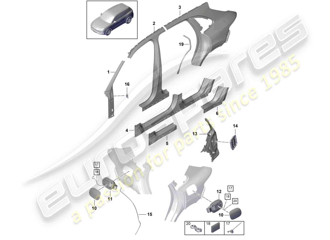 porsche 2023 (cayenne e3 9ya/9yb) parte laterale esterna parte sezionale - pannello laterale diagramma delle parti