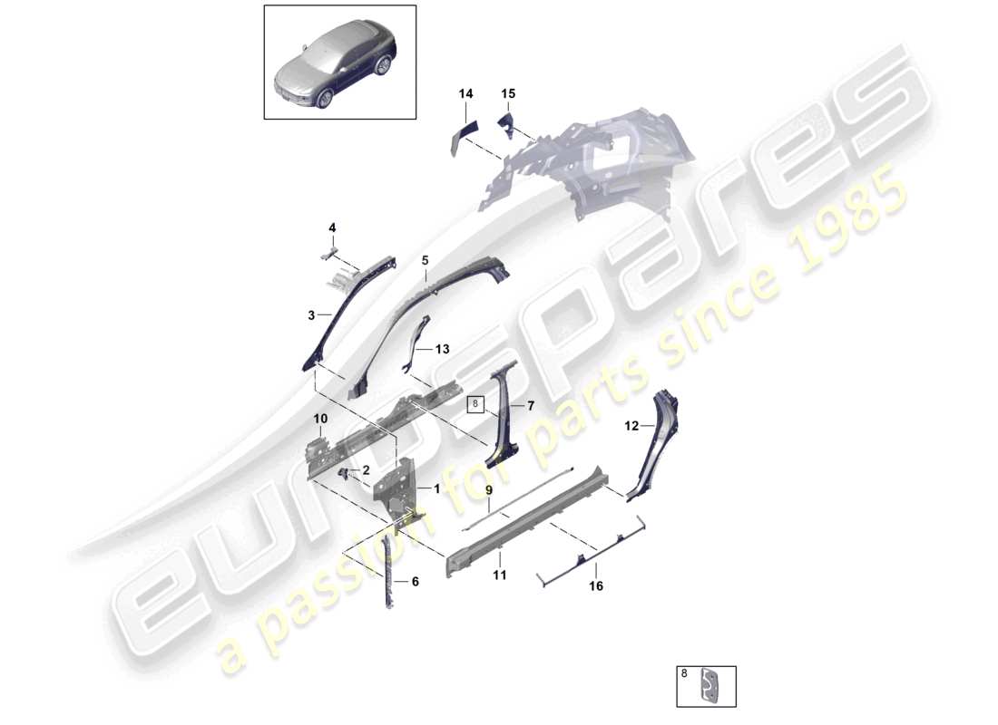 porsche 2022 (cayenne e3 9ya/9yb) parte laterale anteriore, diagramma interno della parte coupé