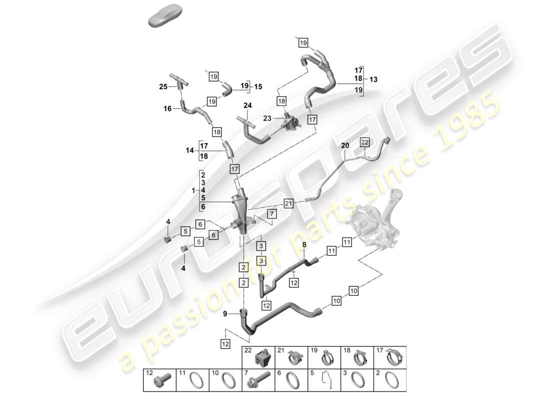 porsche 2025 (992-2 turbo / s) sistema di raffreddamento del liquido di raffreddamento distributore per liquido di raffreddamento schema delle parti del motore