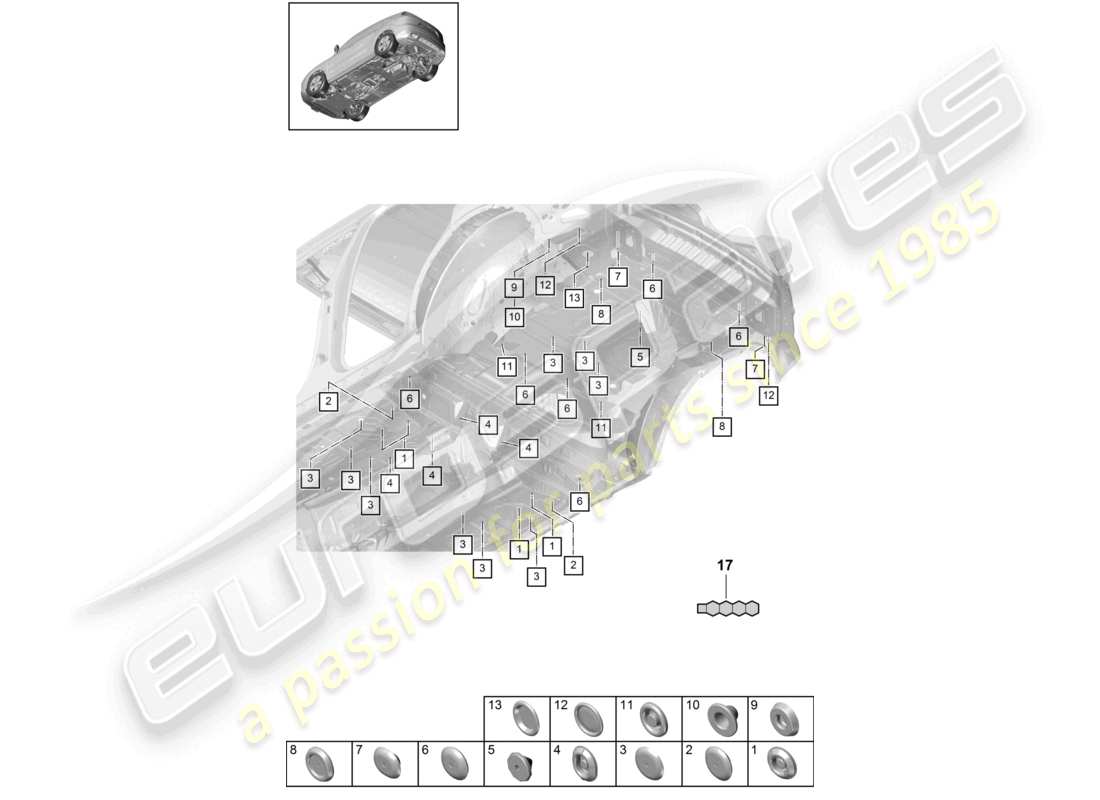 porsche 2023 (cayenne e3 9ya/9yb) tappi sottoscocca posteriori diagramma delle parti