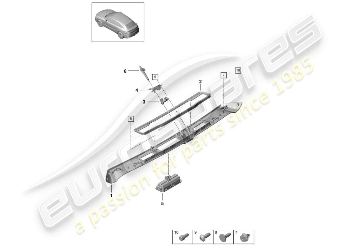 porsche 2022 (cayenne e3 9ya/9yb) schema delle parti della modanatura dell'impugnatura del cofano posteriore
