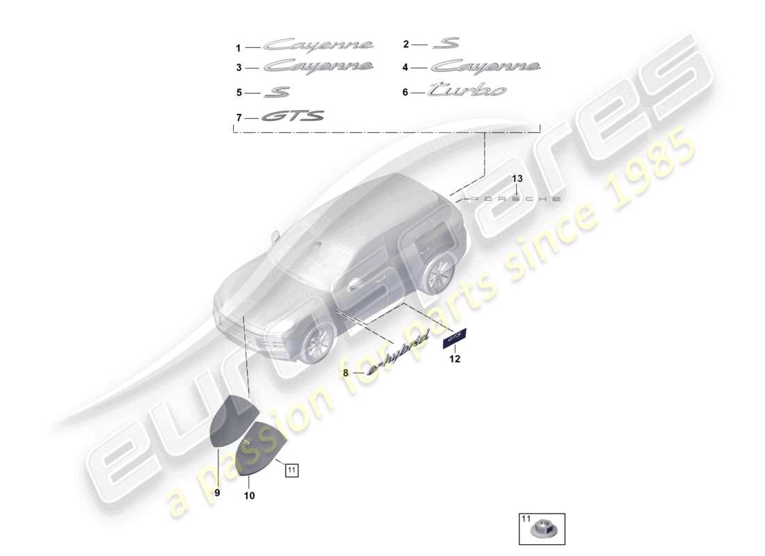 porsche 2026 (cayenne e3 pa) iscrizioni/scritta anteriore e posteriore porsche stemma lato esterno diagramma delle parti