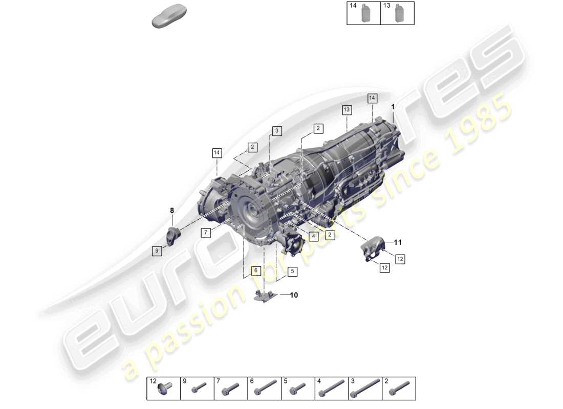 porsche 2026 (cayenne e3 pa) 8-speed cambio automatico per veicoli con trazione ibrida, montaggio di componenti per motore e trasmissione schema dei componenti