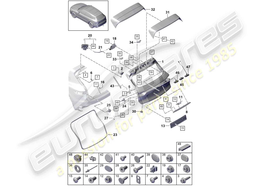 porsche 2023 (cayenne e3 9ya/9yb) coperchio posteriore diagramma delle parti