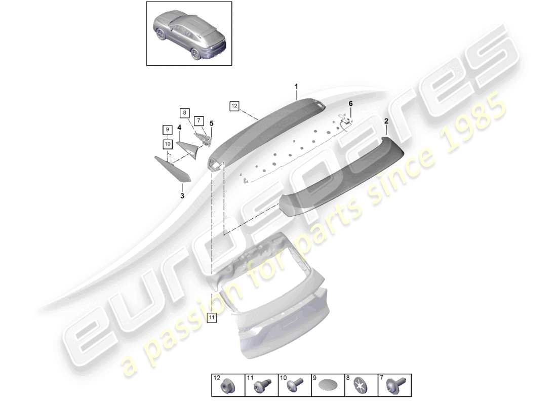porsche 2023 (cayenne e3 9ya/9yb) schema dei componenti dello spoiler del bordo del tetto turbo gt coupe