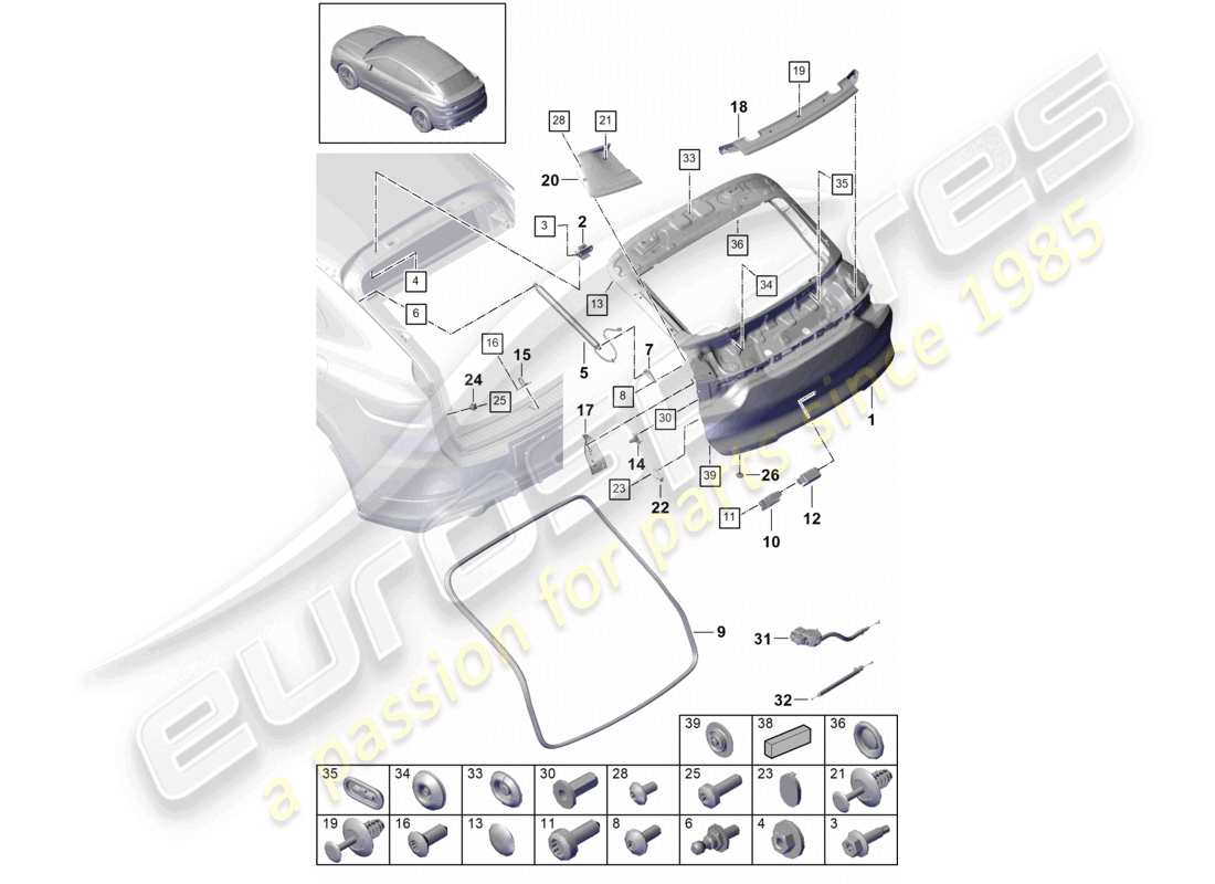porsche 2022 (cayenne e3 9ya/9yb) coupé con cofano posteriore diagramma delle parti