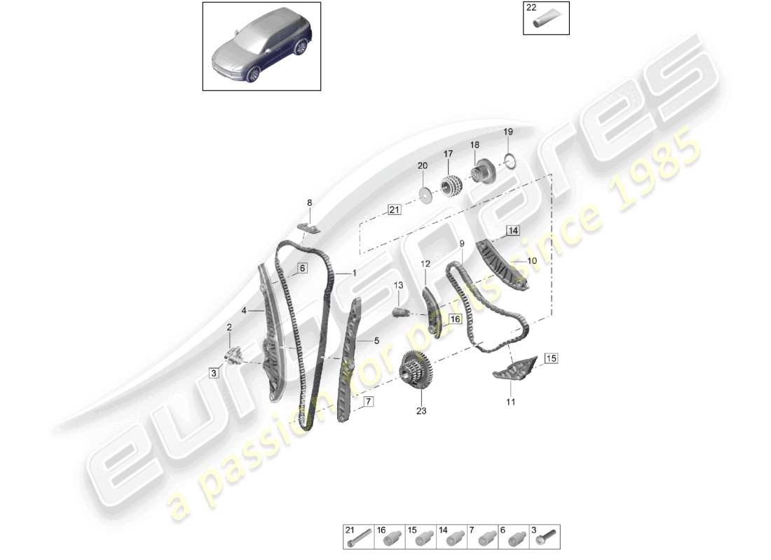 porsche 2022 (cayenne e3 9ya/9yb) tendicatena della guida di scorrimento della catena di distribuzione diagramma delle parti