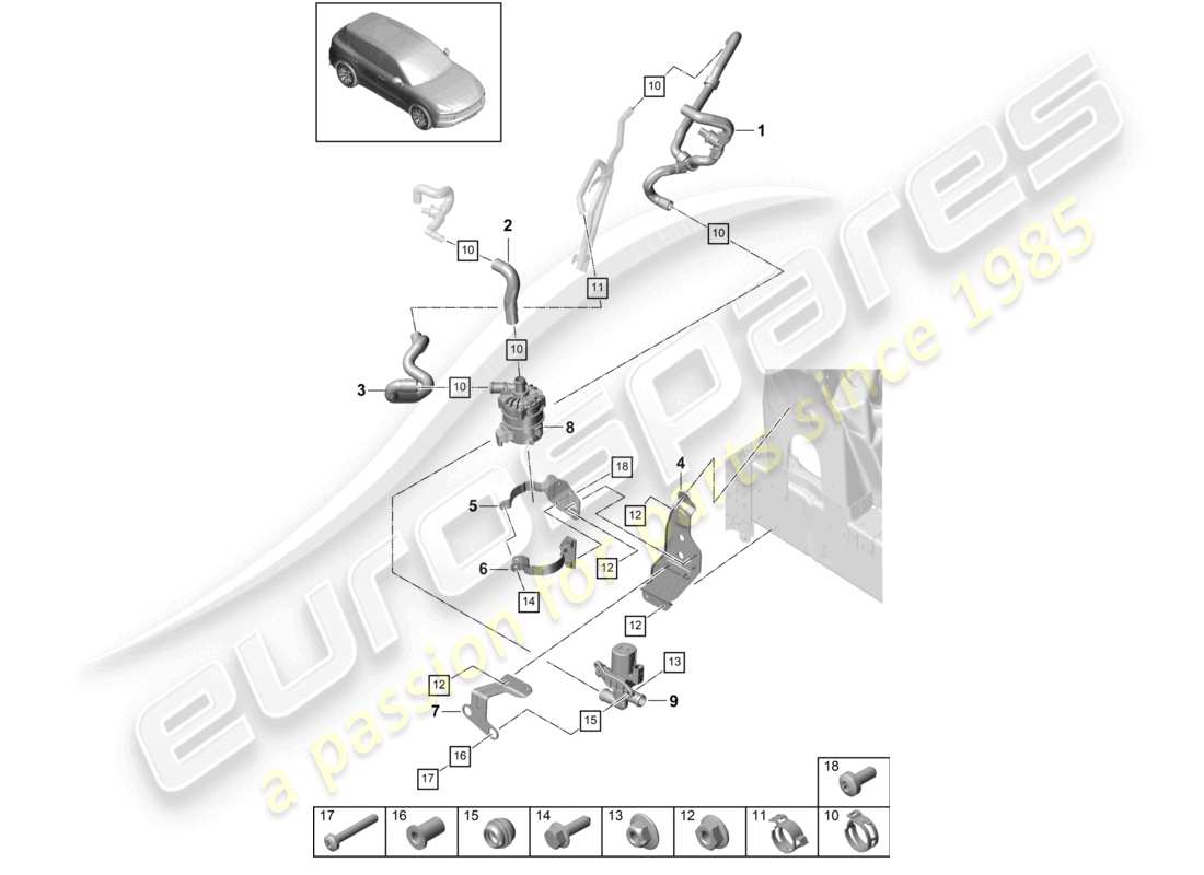 porsche 2022 (cayenne e3 9ya/9yb) riscaldatore r4 circuito a bassa temperatura anteriore sinistro per veicoli con trazione ibrida schema dei componenti