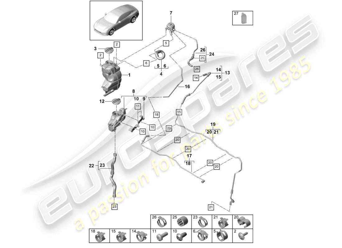 porsche 2021 (panamera 971-1) sistema di raffreddamento del liquido di raffreddamento per veicoli con trazione ibrida schema delle parti