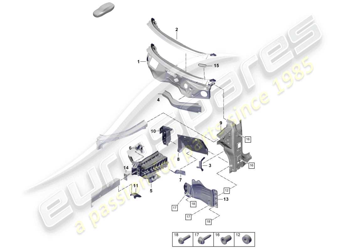 porsche 2025 (cayenne e3 pa) diagramma delle parti del passaruota del firewall anteriore