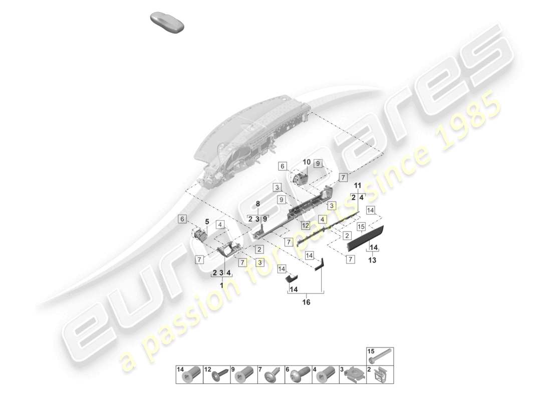 porsche 2024 (panamera 971-2) parti di fissaggio del pannello del cruscotto, modanature anteriori, diagramma delle parti