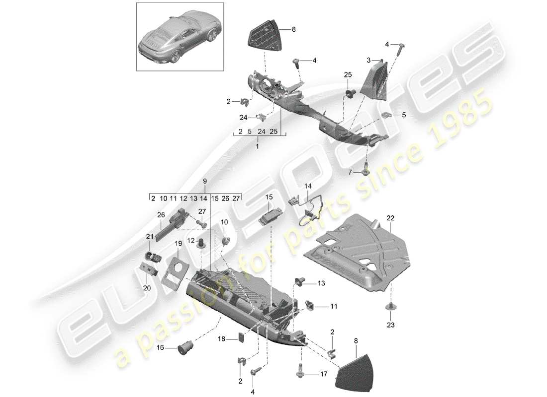 porsche 991 turbo (2018) diagramma delle parti del vano portaoggetti
