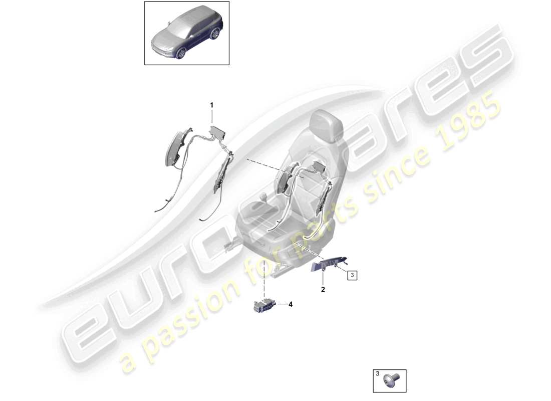 porsche 2023 (cayenne e3 9ya/9yb) componenti pneumatici per il diagramma dei componenti del sedile sportivo anteriore