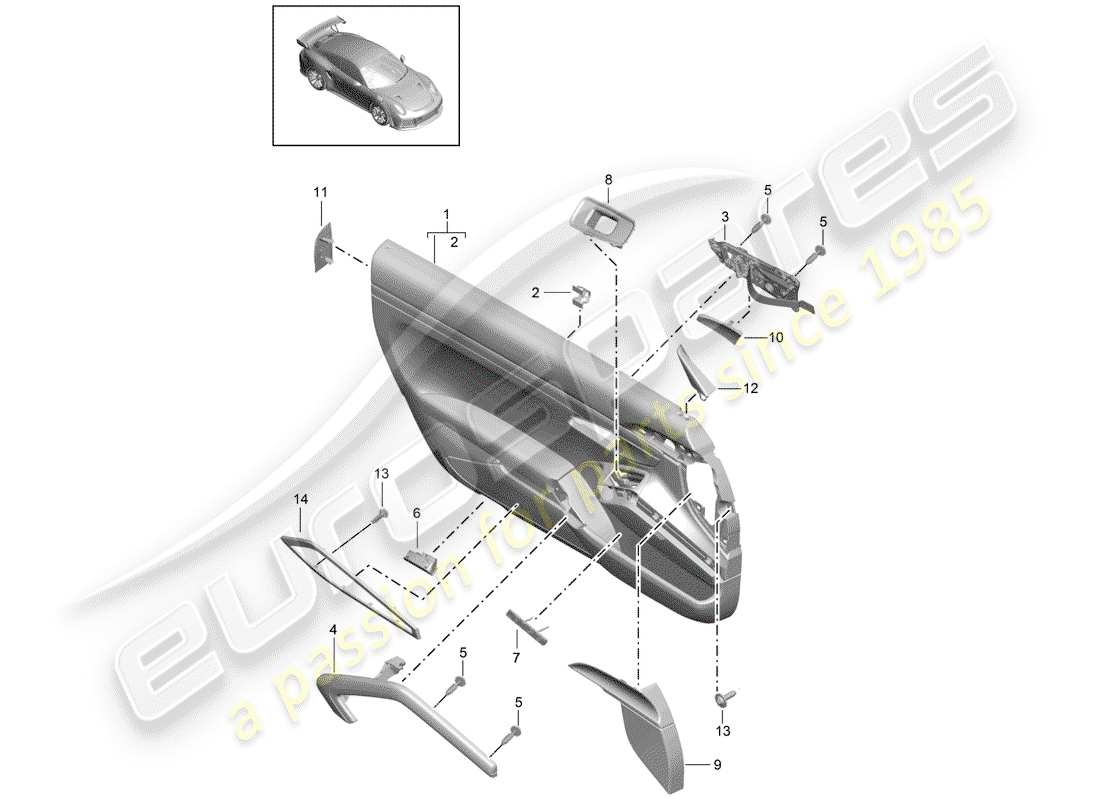 porsche 991 turbo (2018) diagramma delle parti del rivestimento della porta