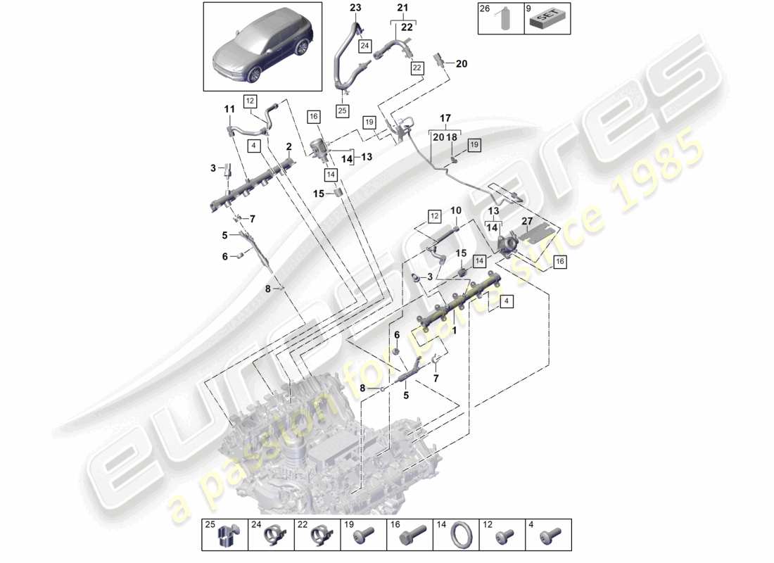 porsche 2022 (cayenne e3 9ya/9yb) schema elettrico della pompa ad alta pressione dell'iniettore ad alta pressione del tubo di raccolta del carburante