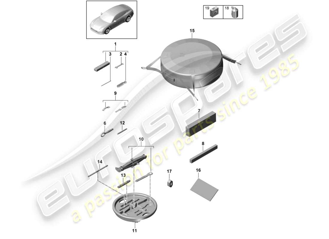porsche 2021 (panamera 971-1) diagramma delle parti del martinetto portautensili