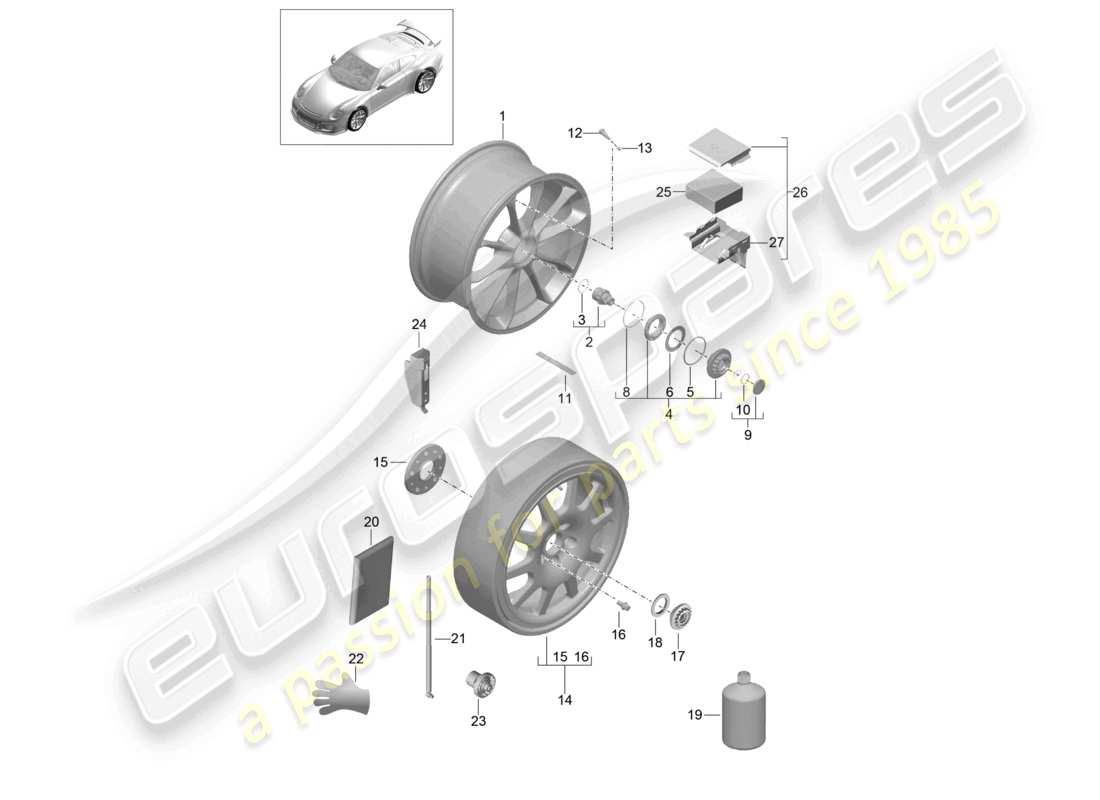 porsche 2021 (991-2 r/gt3/rs) cerchio in lega chiusura centralizzata d - mj 2018>> schema dei pezzi